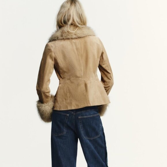 Zara Tailored Suede Leather Blazer with Faux Fur 4341/811/711 - Picture 5 of 6